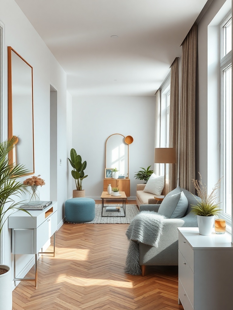 A bright and airy living room with mirrored accents, showcasing a cozy and stylish apartment.