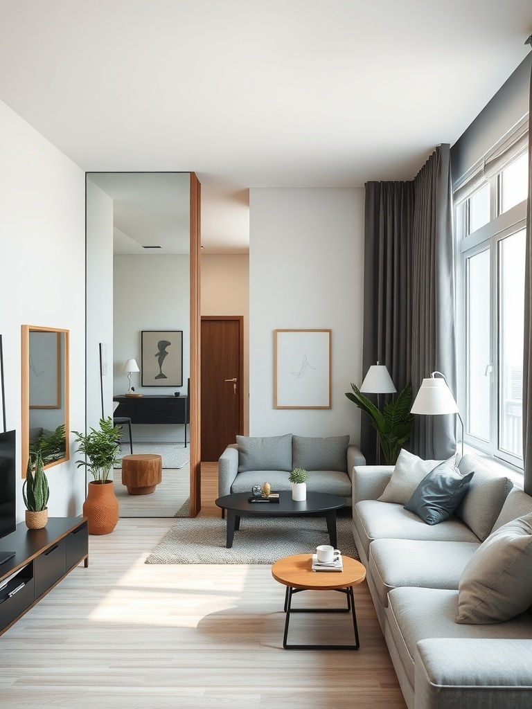 A modern living room with mirrors reflecting light and creating a spacious feel.