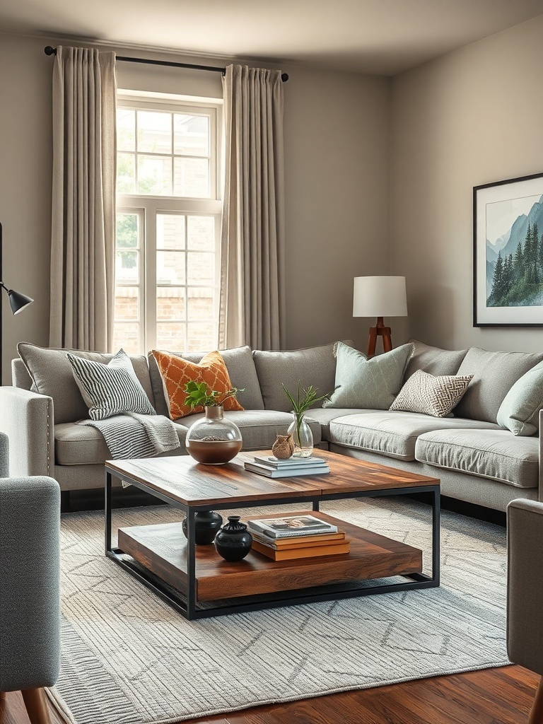 A cozy living room featuring a wooden and metal coffee table, surrounded by a sectional sofa and decorative pillows.