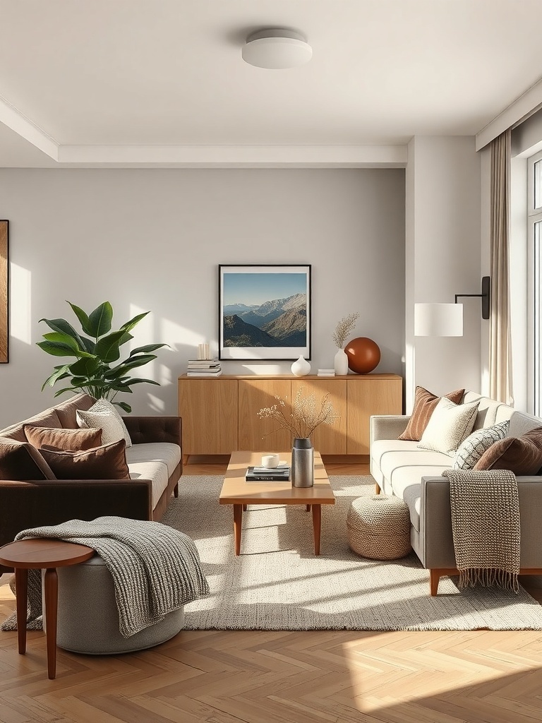 A cozy living room featuring a mix of textures with a knitted throw, various cushions, a wooden coffee table, and a plant.