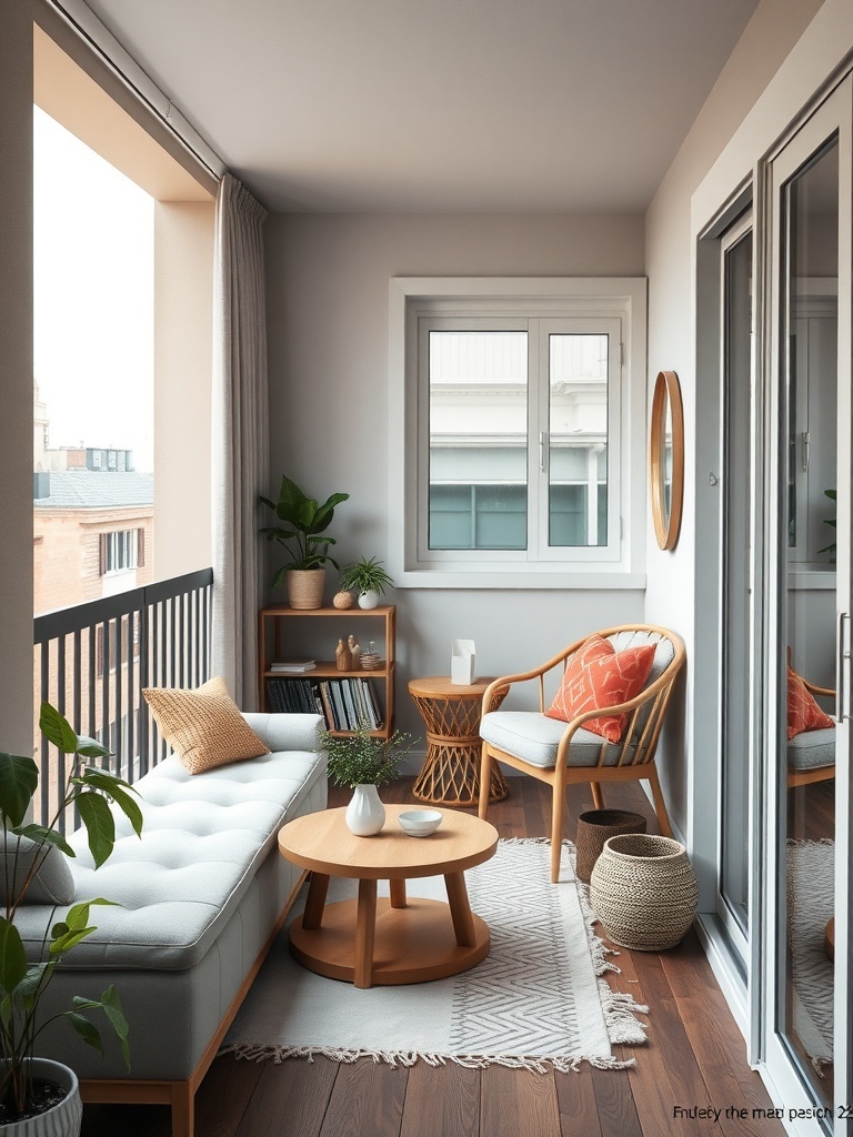 A cozy balcony with soft colors, plants, and comfortable seating.