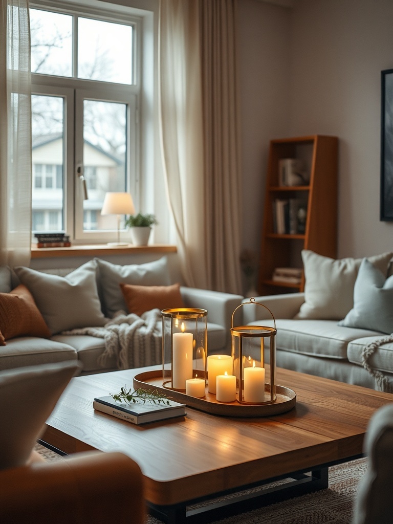A cozy living room with a coffee table featuring candles and lanterns, creating a warm atmosphere.