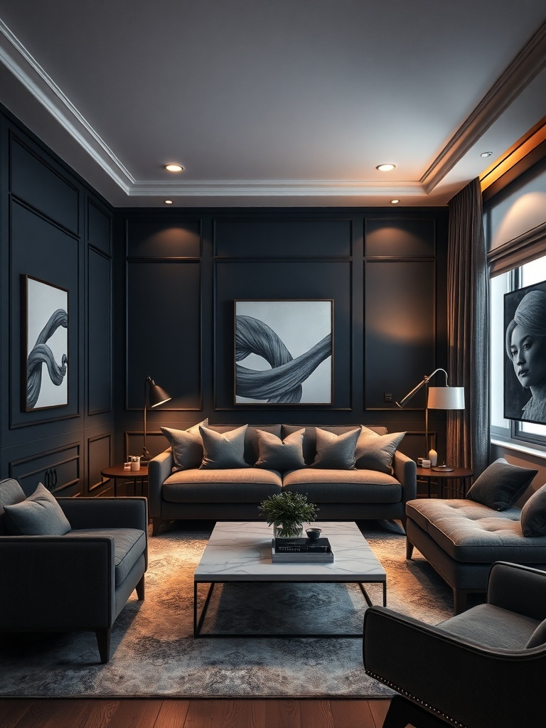 A cozy small living room with moody navy walls, stylish furniture, and soft lighting.