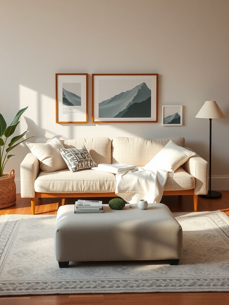 A cozy small living room featuring a light-colored sofa, an ottoman, and framed artwork on the wall.