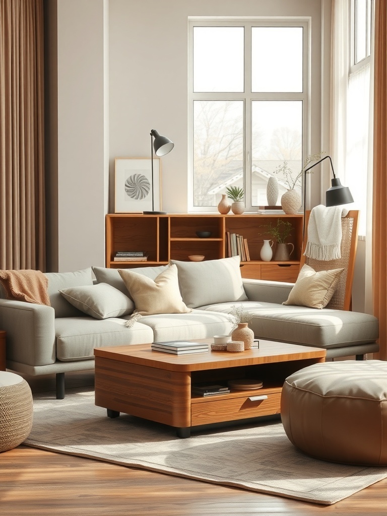 A cozy small condo living room featuring a light-colored sofa, wooden coffee table with storage, and a warm color palette.