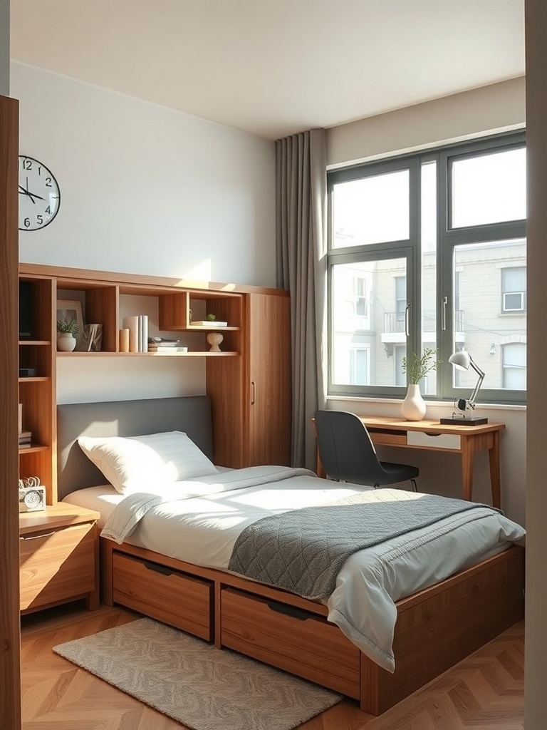 Cozy small apartment bedroom with multi-functional furniture, including a bed with storage drawers and a compact desk.