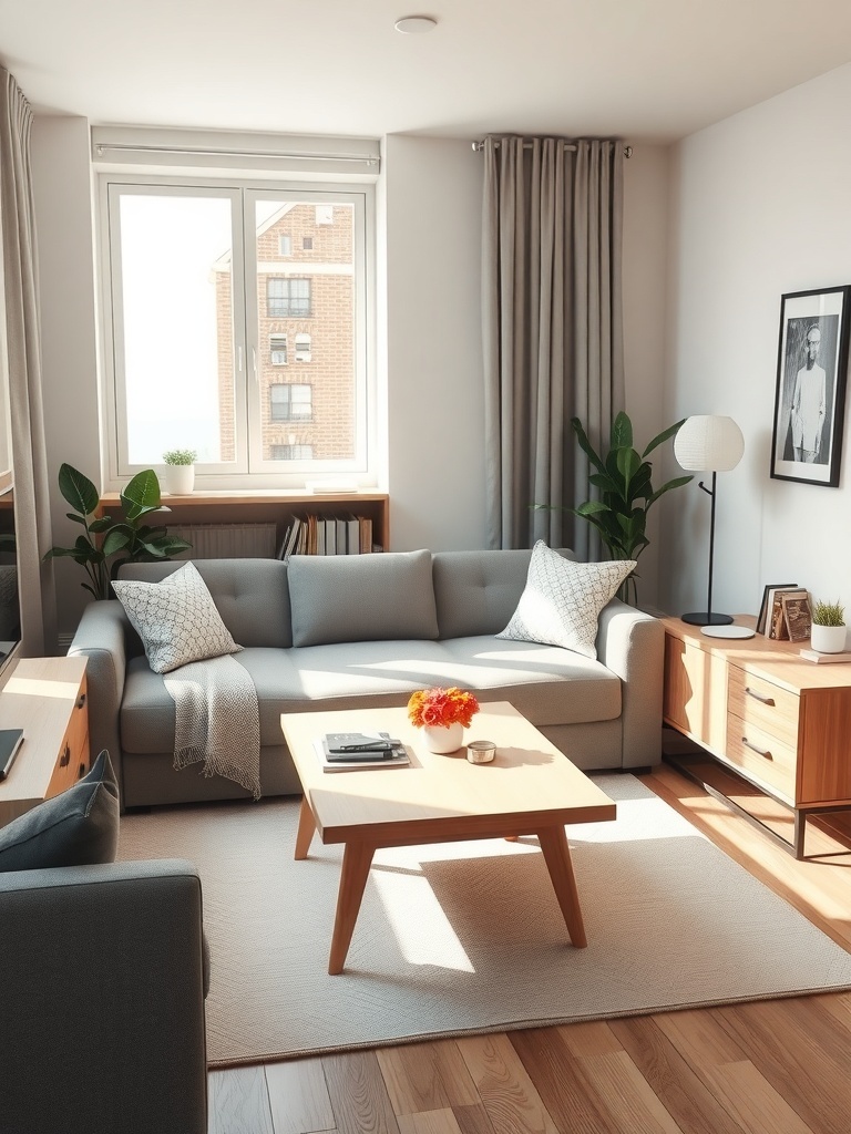 Cozy small apartment living room with multi-functional furniture.