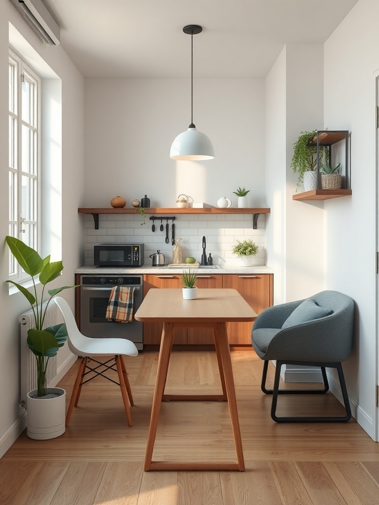 A compact kitchen featuring a multi-functional table and stylish chairs.