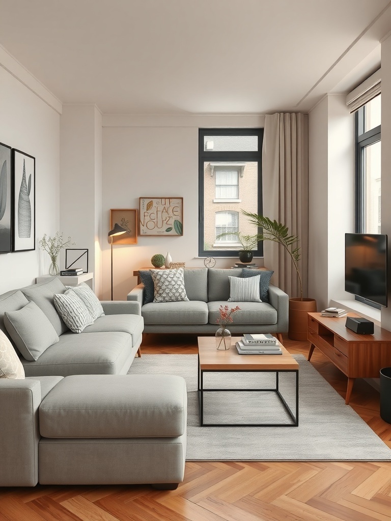 A stylish living room featuring multi-functional furniture, including a sofa, coffee table, and decorative elements.