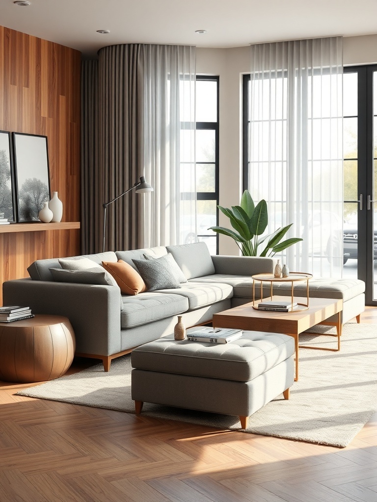 A modern living room with a sectional sofa, coffee table, and ottoman, showcasing multi-functional furniture.