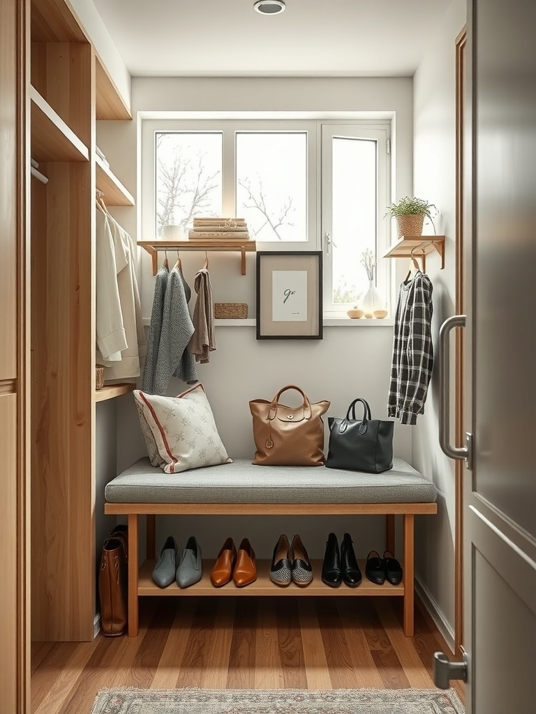 A small closet featuring a bench with storage, hanging clothes, and various bags and shoes.