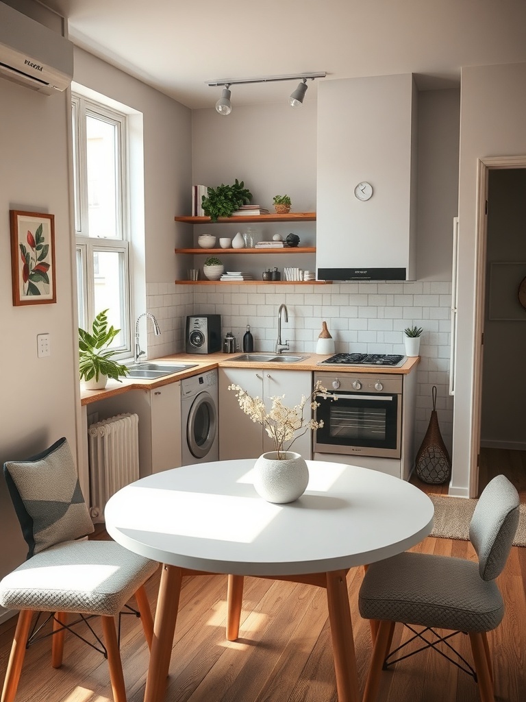 A small kitchen featuring multi-functional furniture with a round table and stylish chairs.
