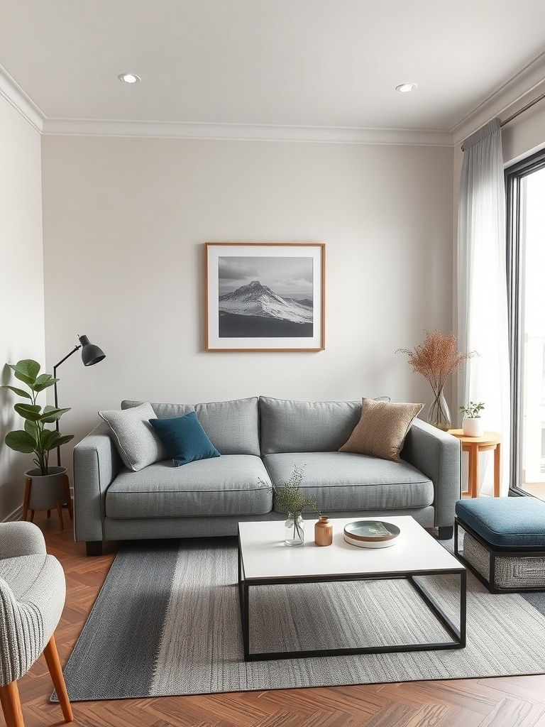 A cozy living room featuring a gray sofa, coffee table, and decorative elements.
