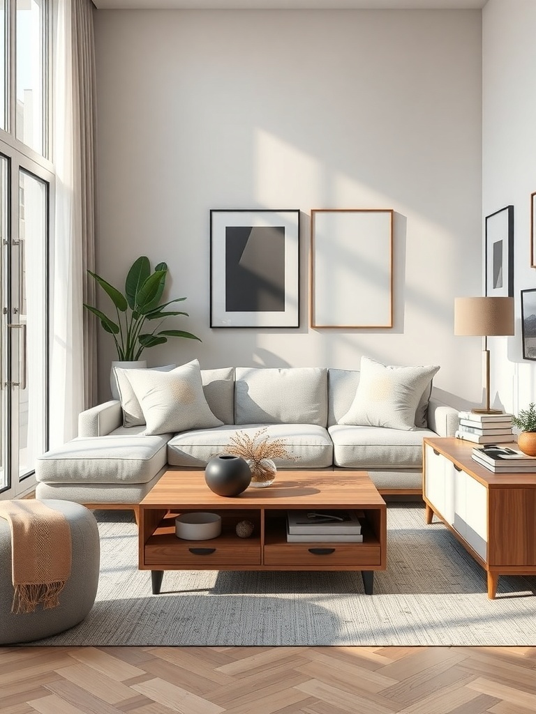A cozy living room with a sectional sofa, a coffee table with storage, and plants, showcasing multipurpose furniture solutions.