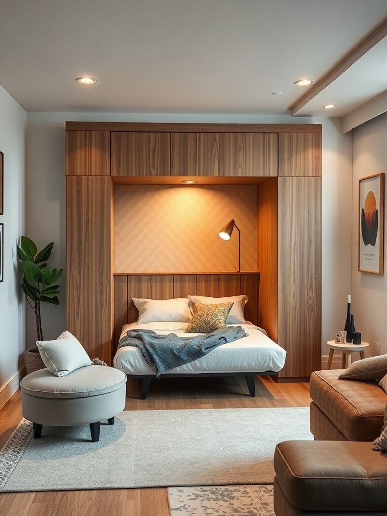 A stylish Murphy bed integrated into wooden cabinetry in a small living room.