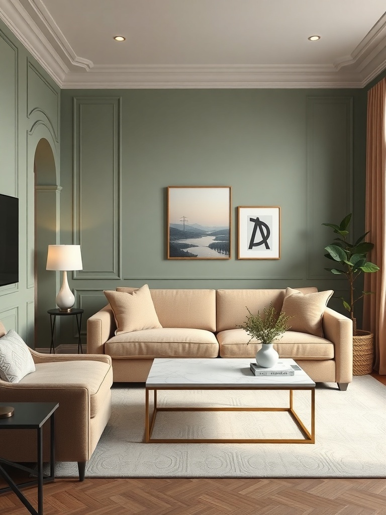 A small living room with muted sage green walls, beige furniture, and a marble coffee table, creating a serene environment.