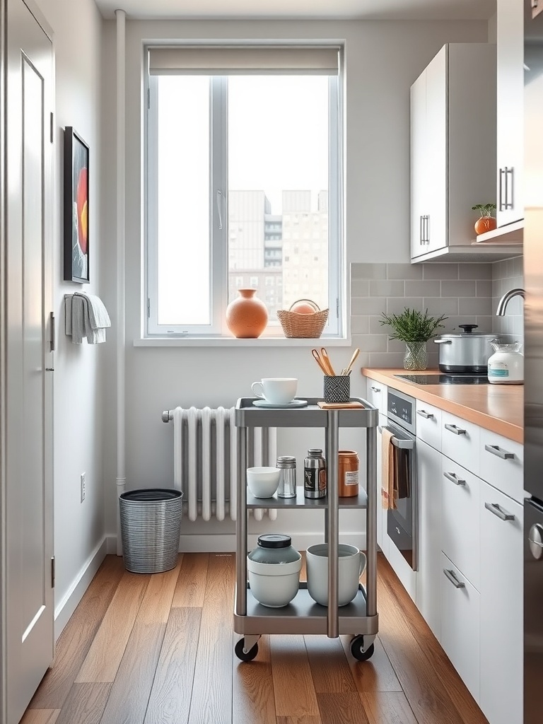 A narrow rolling cart in a small kitchen, holding various kitchen items.