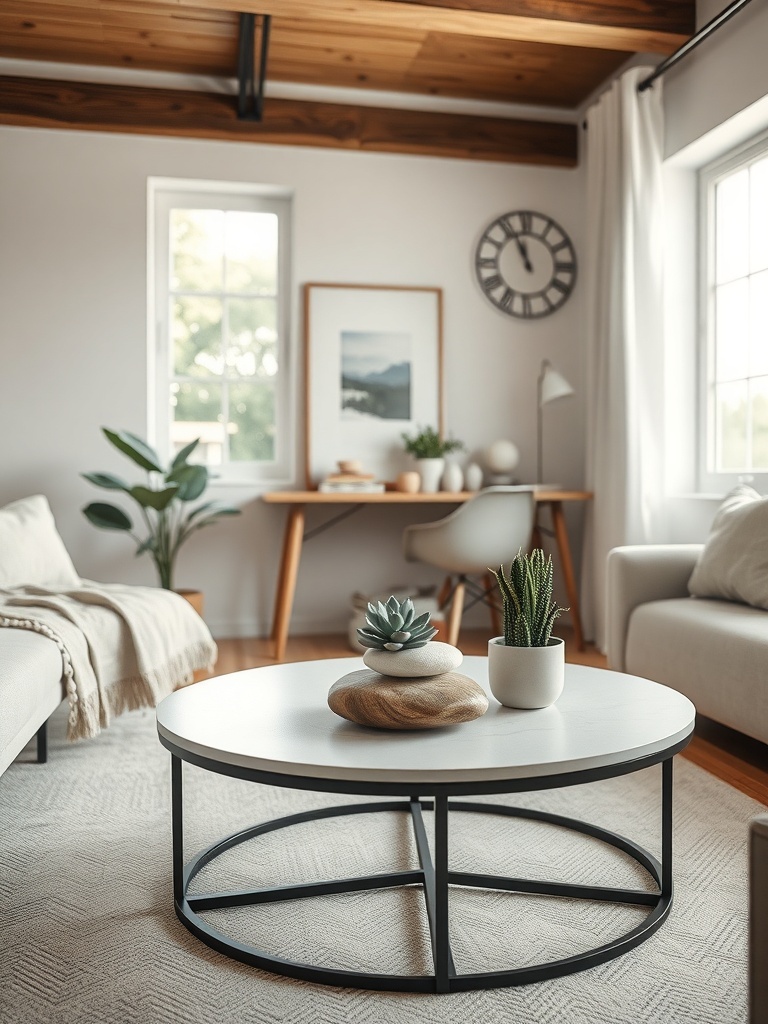 A cozy living room with a round coffee table featuring succulents and stones.