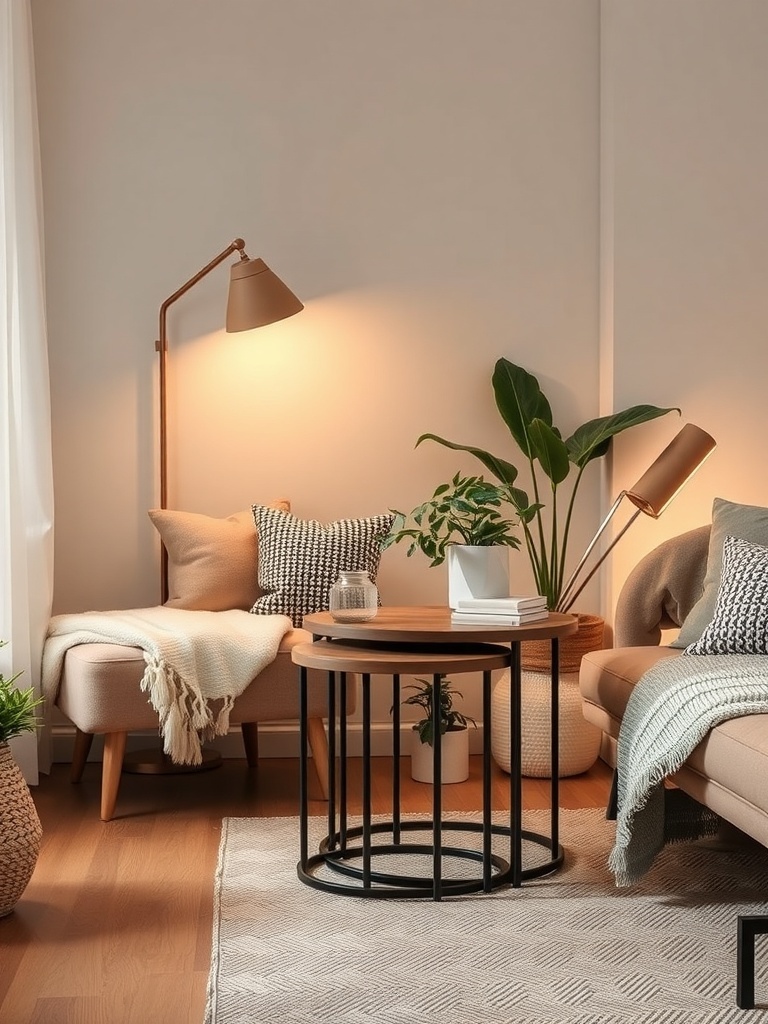 Cozy living room with nesting tables beside a couch, featuring plants and warm lighting.