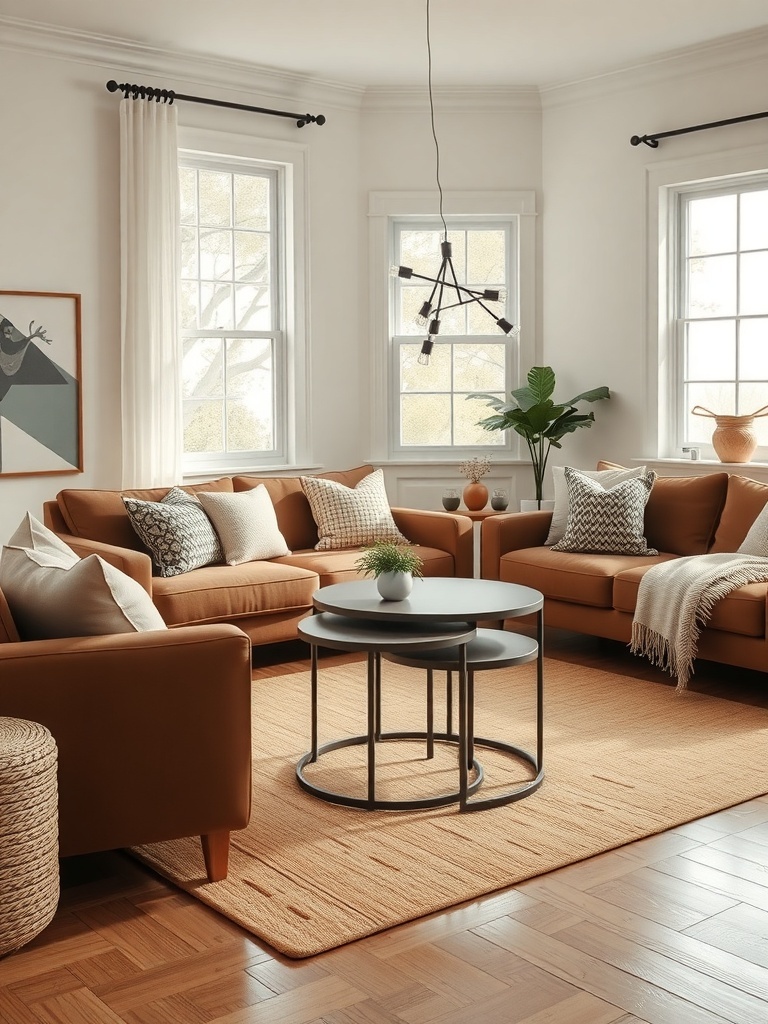 Cozy living room with nesting tables, warm furniture, and soft cushions.