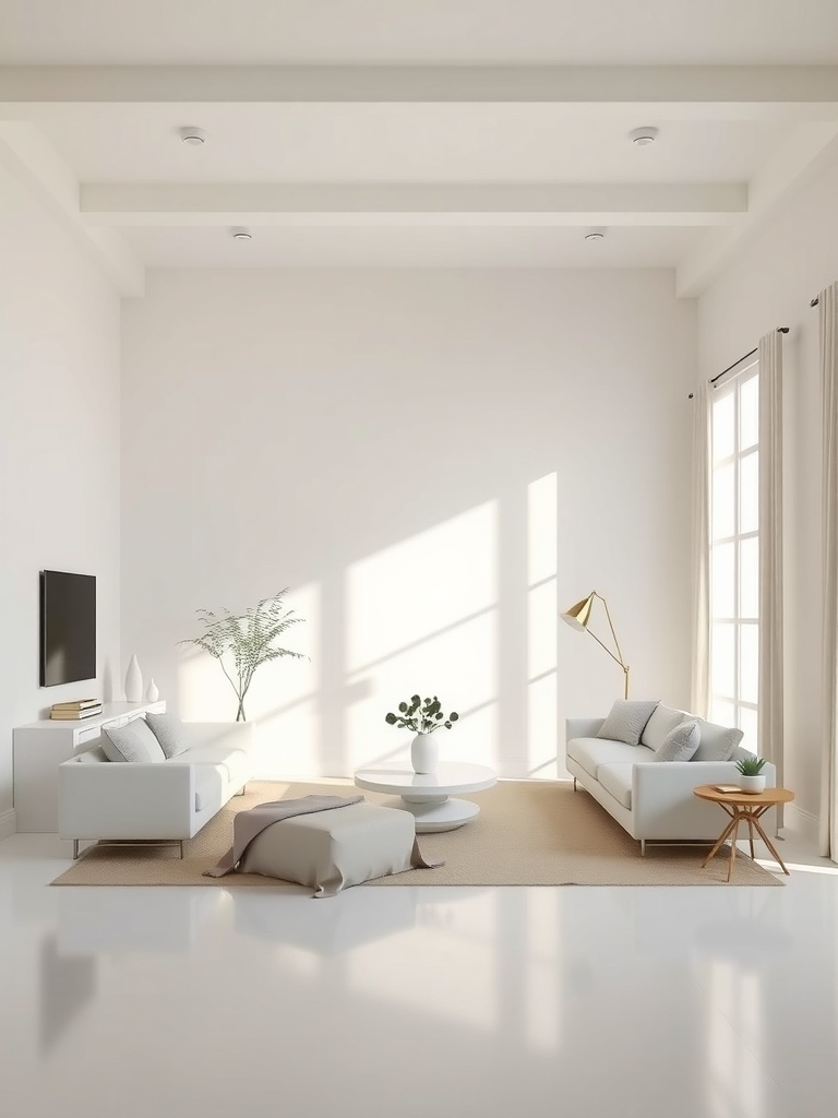 Bright living room with neutral color palette featuring white sofas, light walls, and minimal decor.