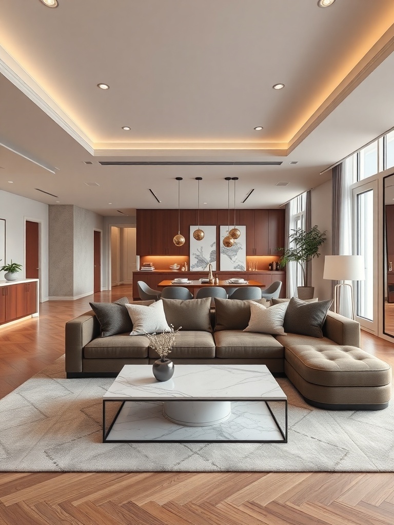A modern open concept living room featuring a large sectional sofa, a marble coffee table, and a dining area in the background.