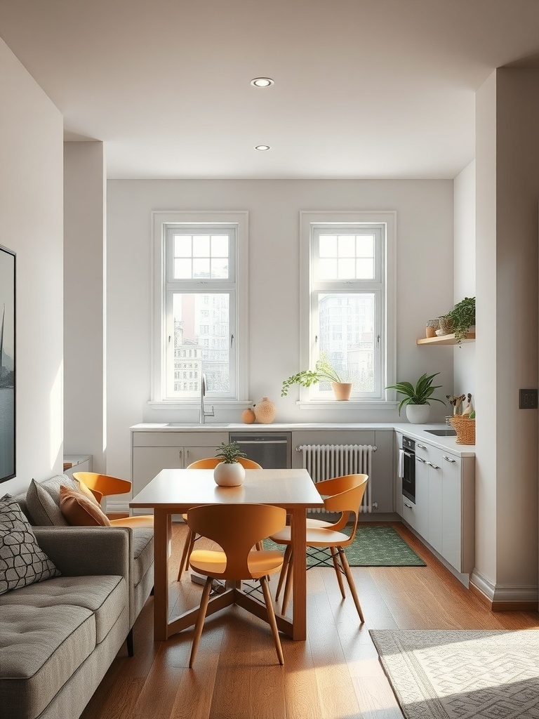 A bright open concept kitchen-dining area with a cozy table and chairs.