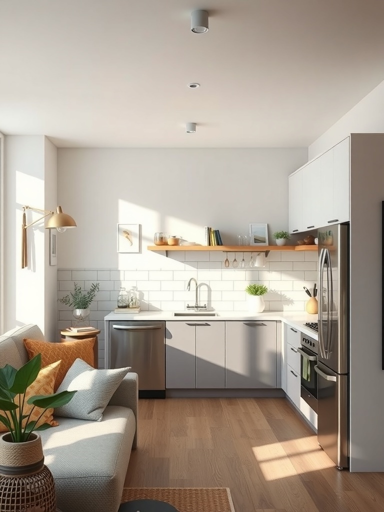 A bright and modern open concept kitchen with a cozy living area.