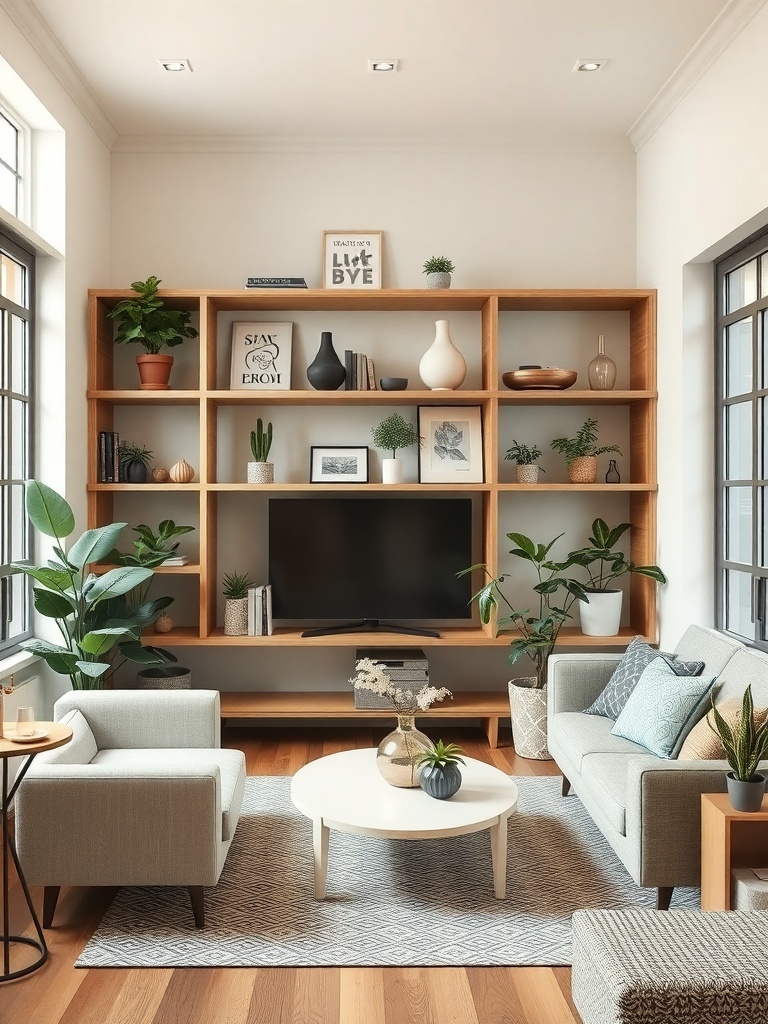 A stylish small condo living room featuring open shelving filled with plants and decorative items.