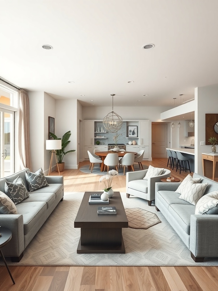 A modern living room with an open space layout, featuring light-colored sofas, a wooden coffee table, and a dining area in the background.