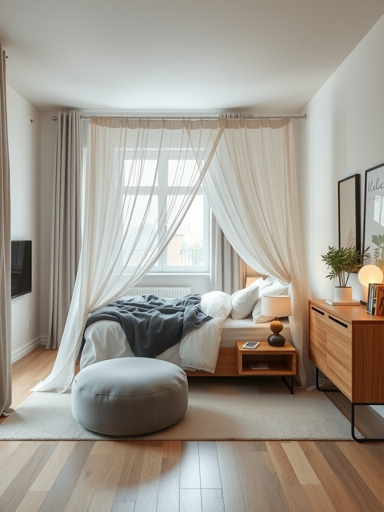 Cozy small bedroom featuring a canopy bed with soft drapes.