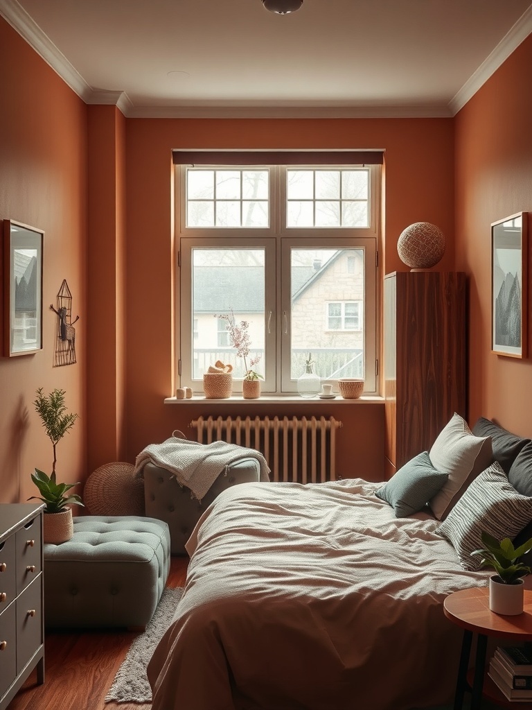 Cozy bedroom with warm terracotta walls and soft furnishings.