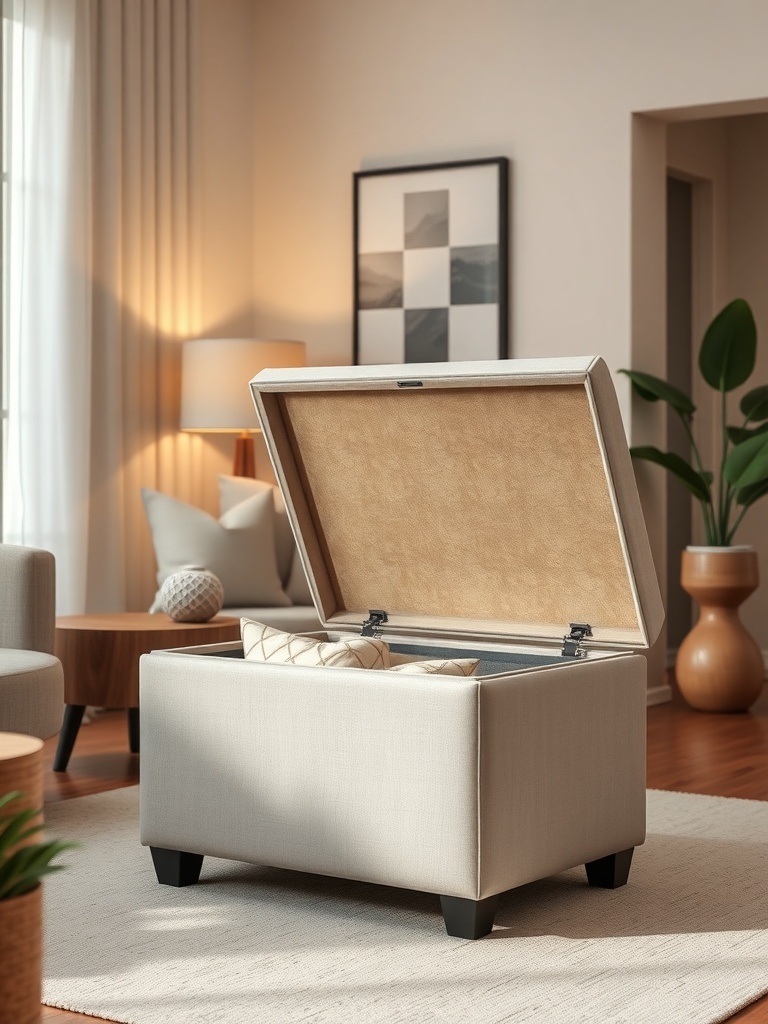 A stylish storage ottoman with an open lid, revealing its spacious interior, set in a cozy living room.