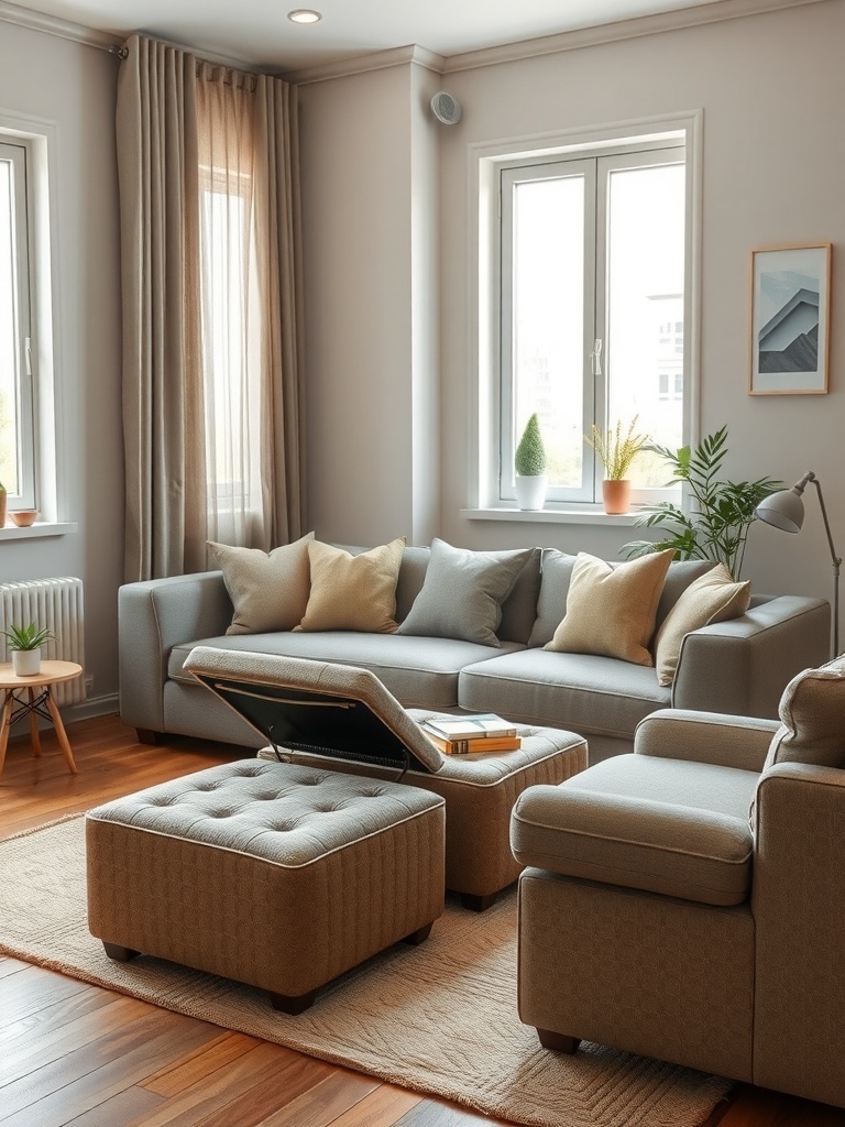 A cozy living room featuring a sofa and an ottoman with hidden storage.