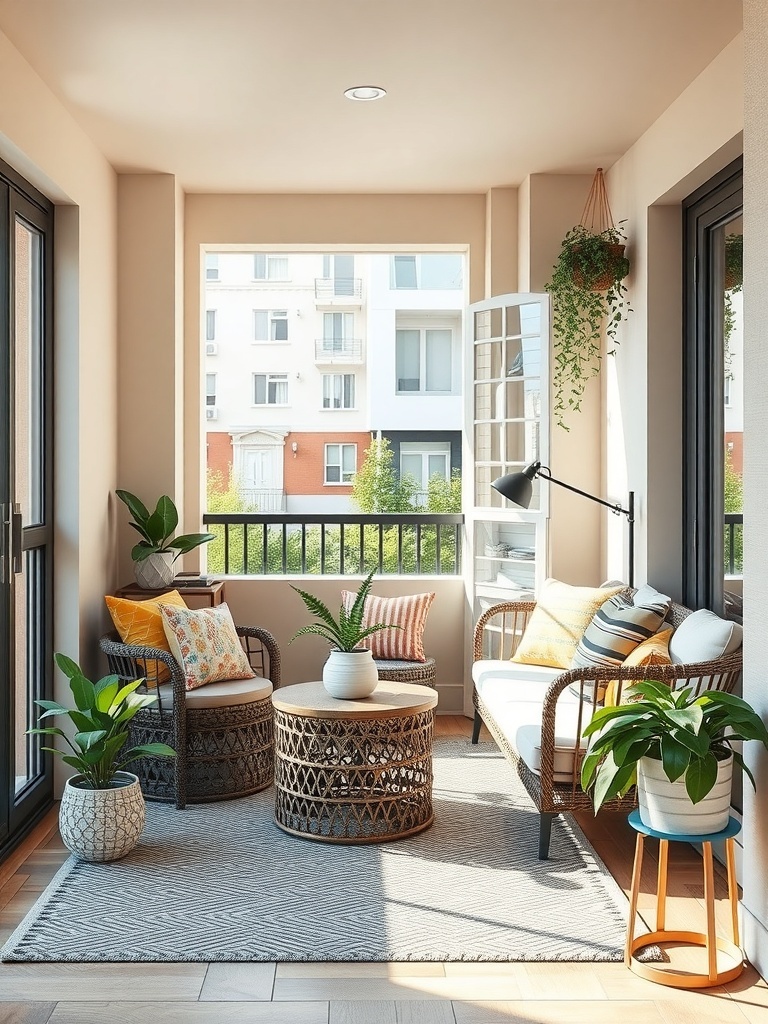 A cozy balcony with outdoor throw pillows on chairs, surrounded by plants.