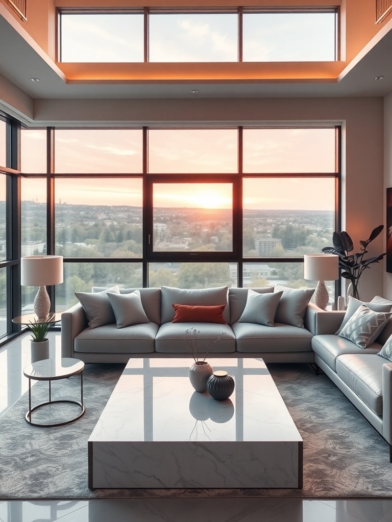 A modern living room with large windows showcasing a beautiful outdoor view and ample natural light.