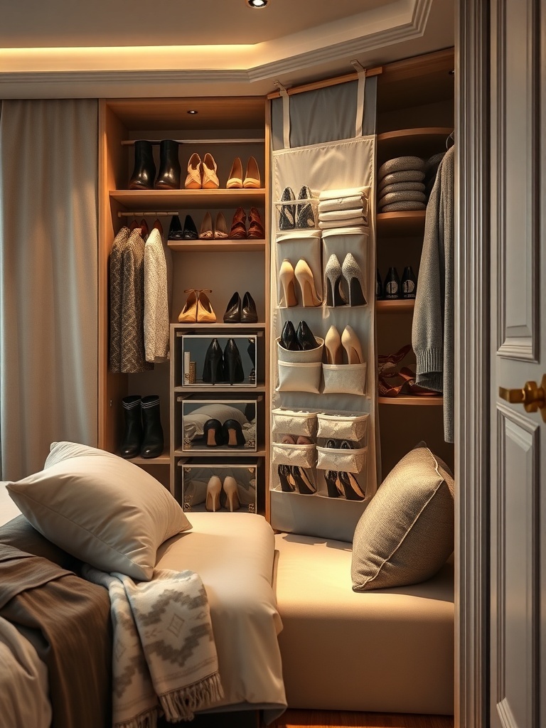 A small closet with an over-the-door shoe organizer, showcasing neatly arranged shoes and folded clothes.