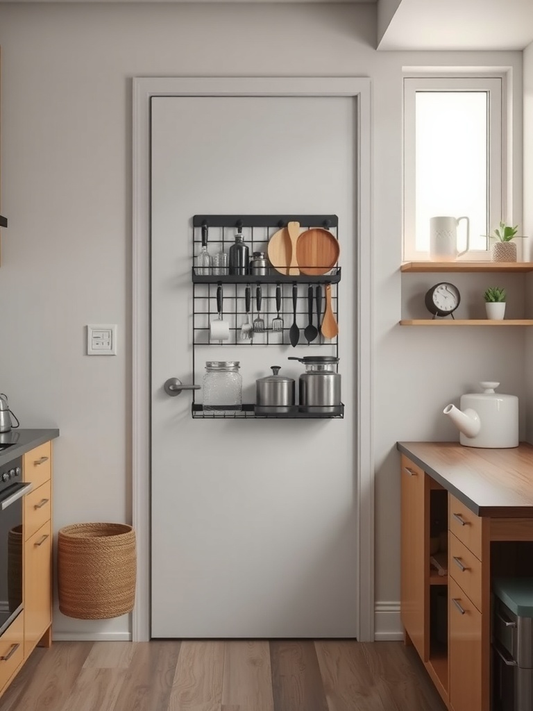 A kitchen door with an over-the-door storage rack holding various kitchen utensils and containers.