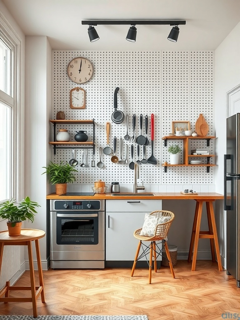 A kitchen with a pegboard wall for organization, featuring hanging utensils and pots.