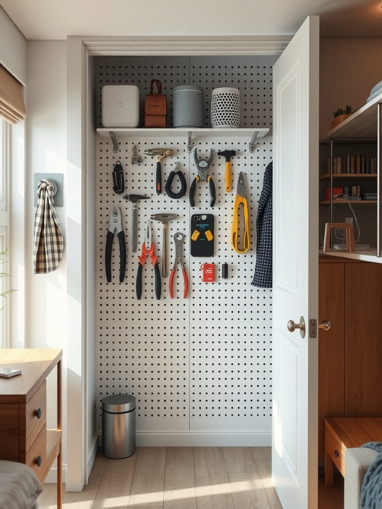 A small closet with a pegboard wall displaying various tools and items for organization.