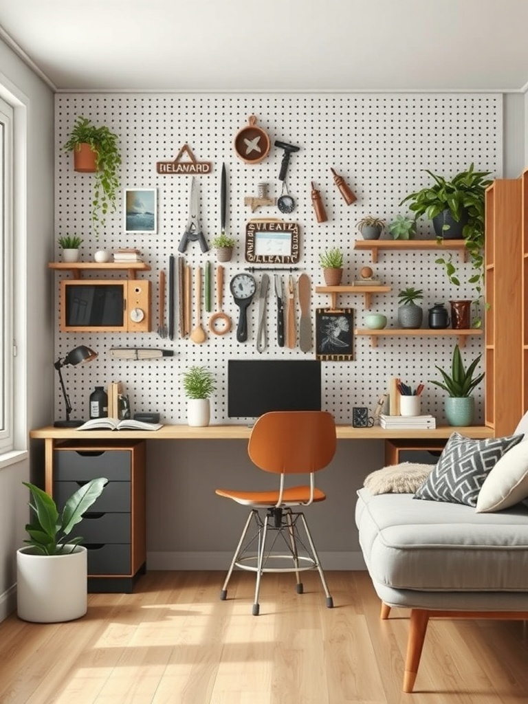 A stylish workspace featuring a pegboard wall with plants, tools, and decorative items.