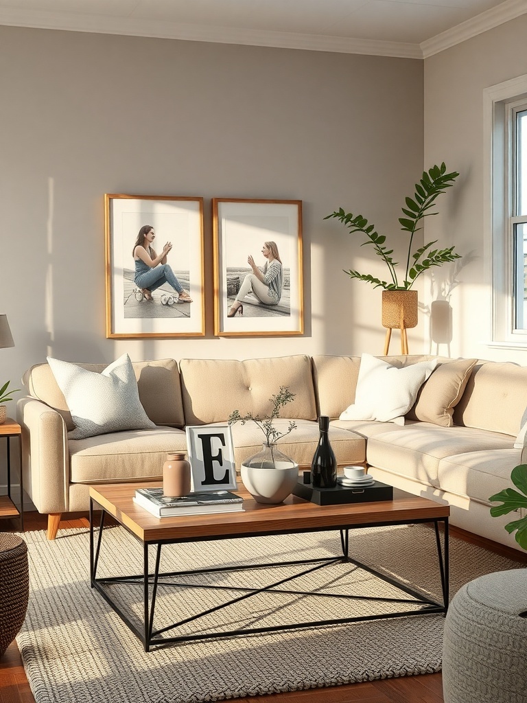 A cozy living room with a beige sofa, a coffee table, and family photos on the wall.