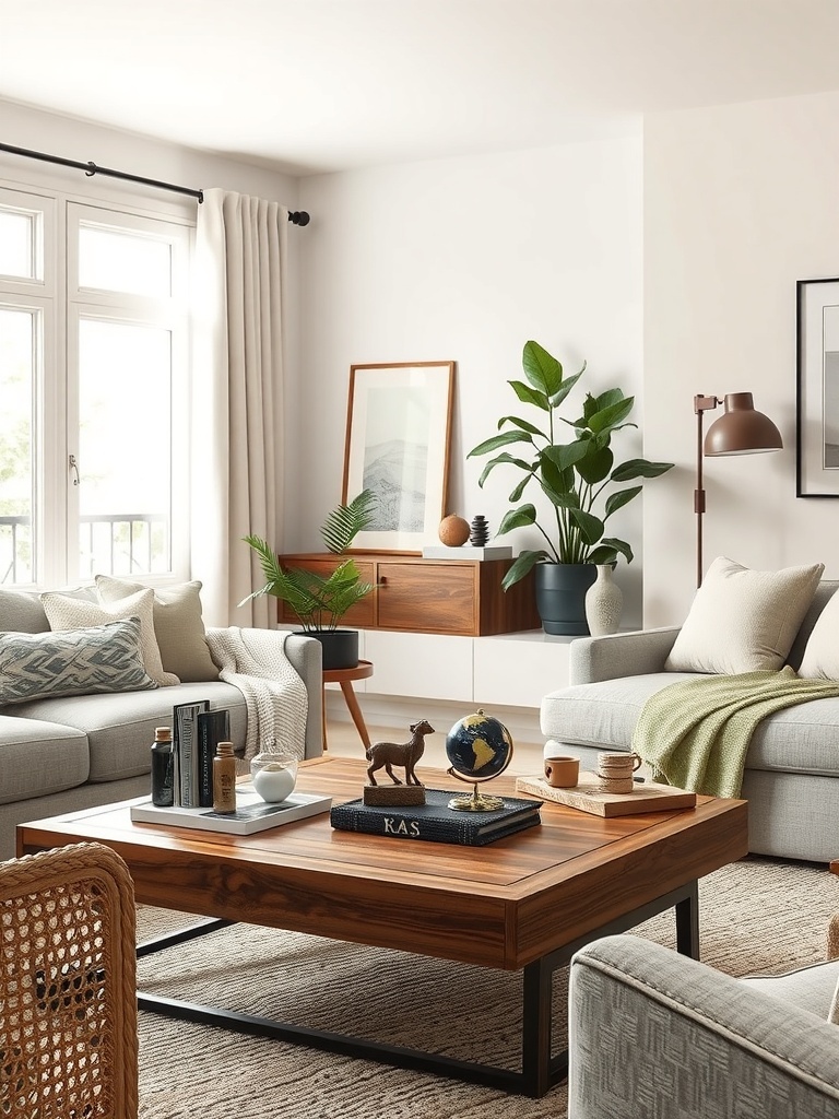 A stylish coffee table with a globe, animal figurine, and travel books, surrounded by cozy seating and plants.