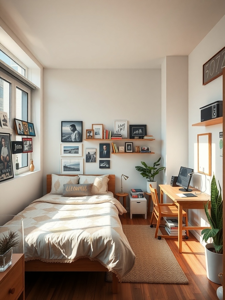 A cozy small apartment bedroom featuring wooden furniture, personal artwork, and plants.