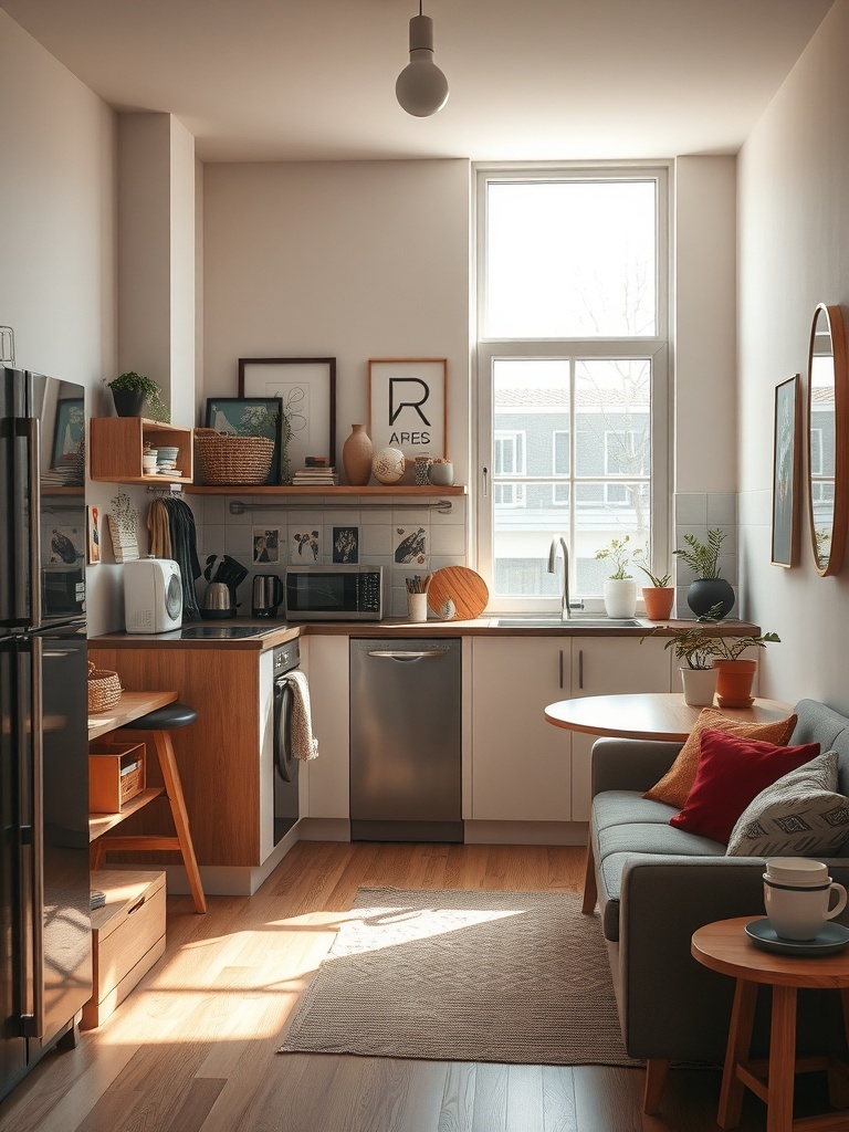 A small apartment kitchen with personalized decor, including plants and artwork.
