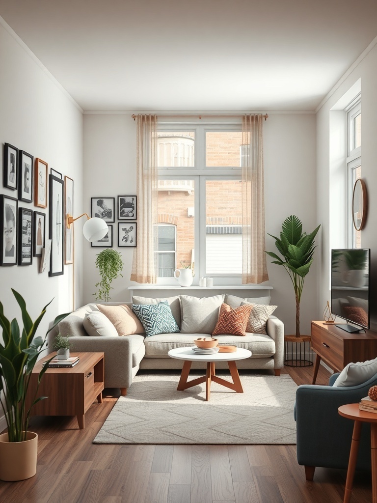 Cozy living room with personalized decor, featuring framed pictures, stylish furniture, and indoor plants.