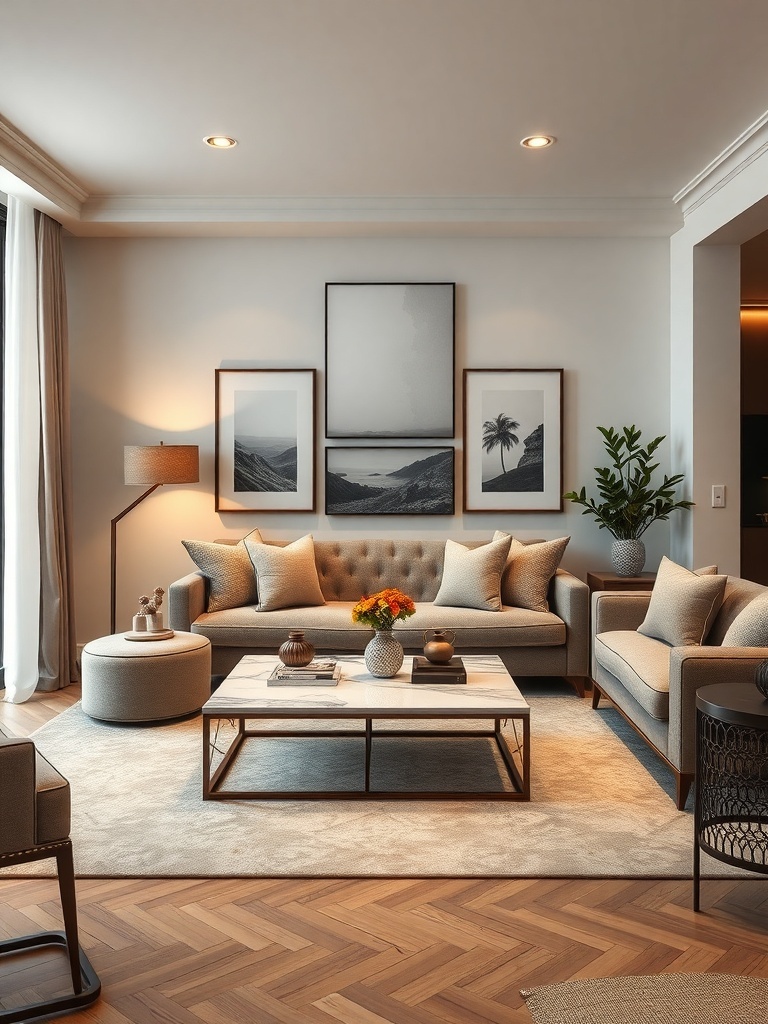 A stylish living room featuring neutral furniture, framed black-and-white art, and a touch of greenery.