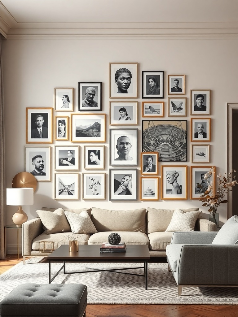 A living room featuring a personalized gallery wall with various framed black-and-white photographs and artwork.