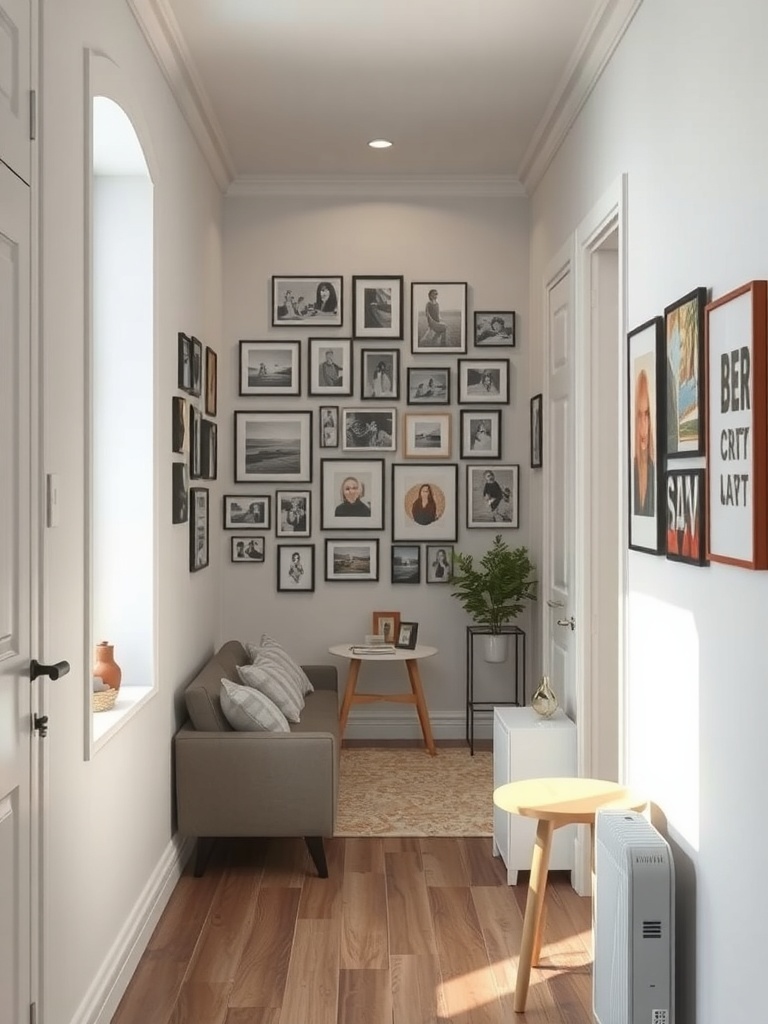 A cozy hallway featuring a gallery wall with various framed photos and art pieces.
