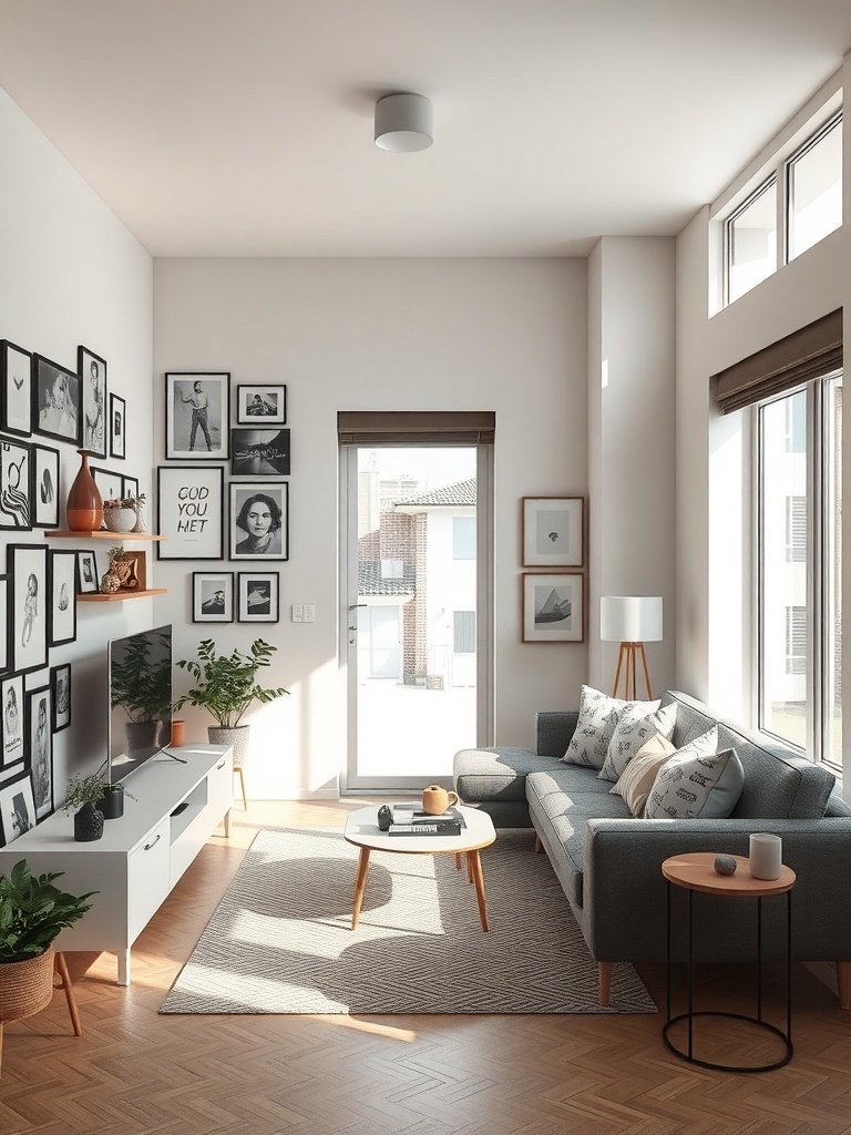 A small living room featuring a personalized gallery wall with various framed artworks and photographs.